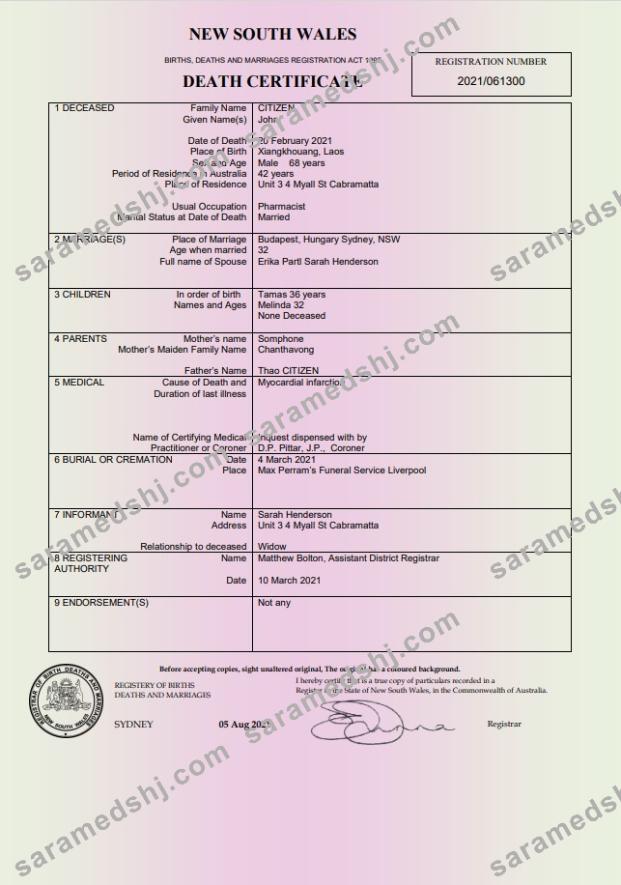 Australia New South Wales Death Certificate template in Word and PDF format
